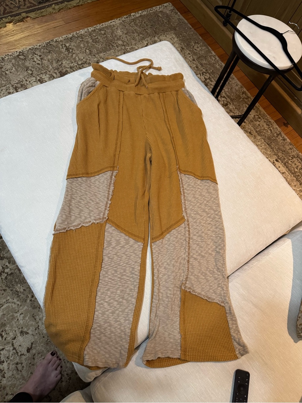 POL Patchwork Waffle-Knit Wide-Leg Pants in Mustard & Beige